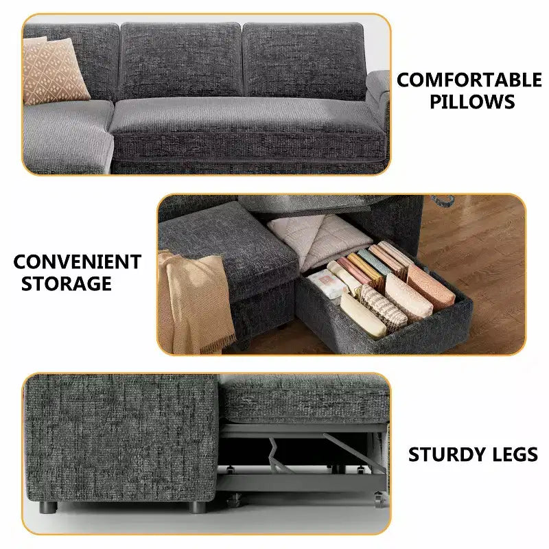 Canapé-lit 82", canapé inclinable en forme de L 3-en-1 avec méridienne de rangement réversible, assemblage sans outil