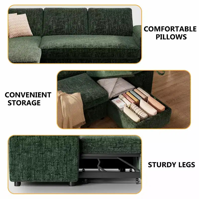 Canapé-lit 82", canapé inclinable en forme de L 3-en-1 avec méridienne de rangement réversible, assemblage sans outil