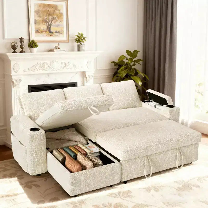 Canapé-lit 82", canapé inclinable en forme de L 3-en-1 avec méridienne de rangement réversible, assemblage sans outil