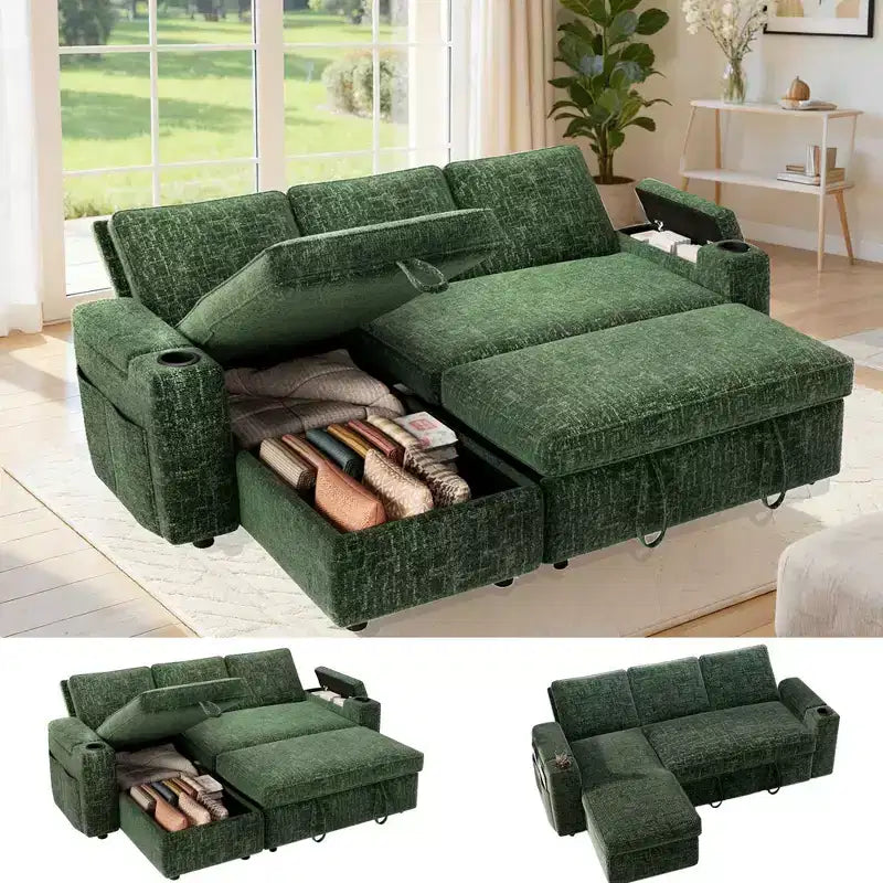 Canapé-lit 82", canapé inclinable en forme de L 3-en-1 avec méridienne de rangement réversible, assemblage sans outil