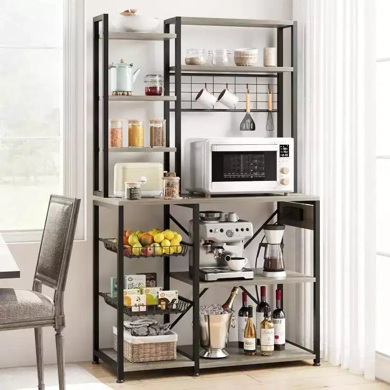 Étagère de Boulanger 7 Niveaux avec Prise Électrique Grand Support à Micro-Ondes & Bar à Café 2 Tiroirs en Fil, Crochets, Étagère de Four de Cuisine Autonome Pour Cuisine