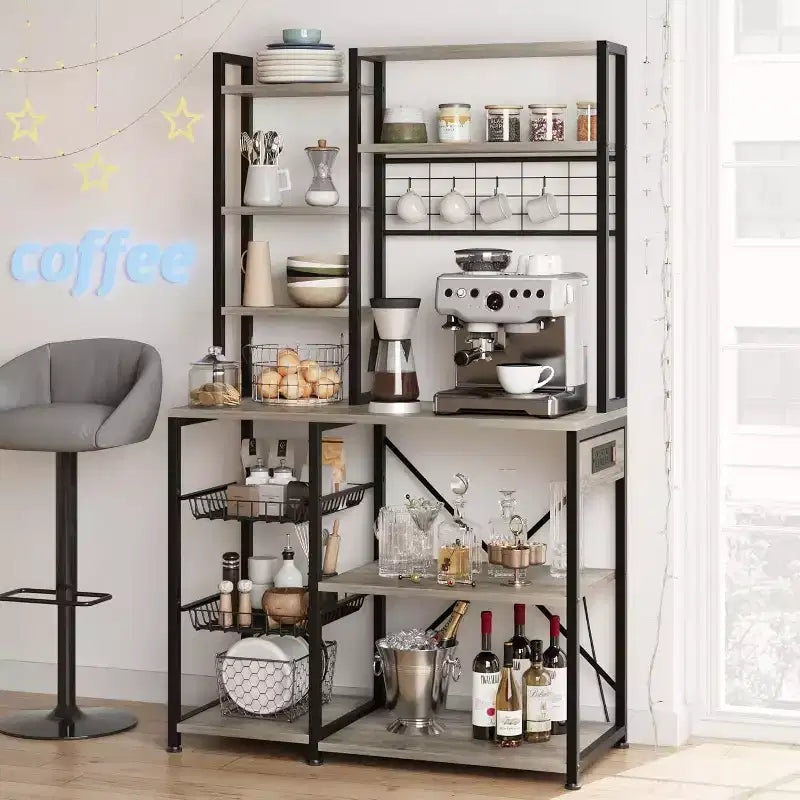 Étagère de Boulanger 7 Niveaux avec Prise Électrique Grand Support à Micro-Ondes & Bar à Café 2 Tiroirs en Fil, Crochets, Étagère de Four de Cuisine Autonome Pour Cuisine
