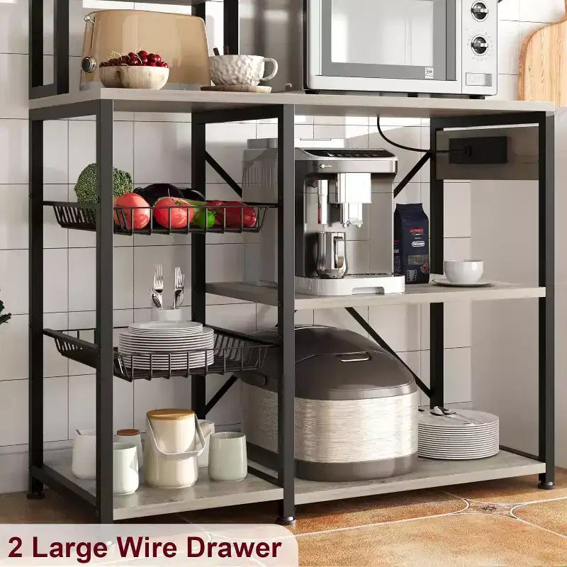 Étagère de Boulanger 7 Niveaux avec Prise Électrique Grand Support à Micro-Ondes & Bar à Café 2 Tiroirs en Fil, Crochets, Étagère de Four de Cuisine Autonome Pour Cuisine