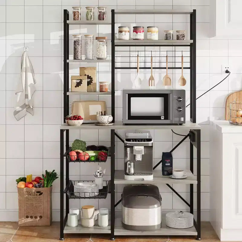 Étagère de Boulanger 7 Niveaux avec Prise Électrique Grand Support à Micro-Ondes & Bar à Café 2 Tiroirs en Fil, Crochets, Étagère de Four de Cuisine Autonome Pour Cuisine