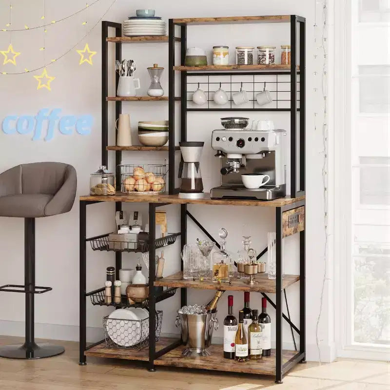 Étagère de Boulanger 7 Niveaux avec Prise Électrique Grand Support à Micro-Ondes & Bar à Café 2 Tiroirs en Fil, Crochets, Étagère de Four de Cuisine Autonome Pour Cuisine