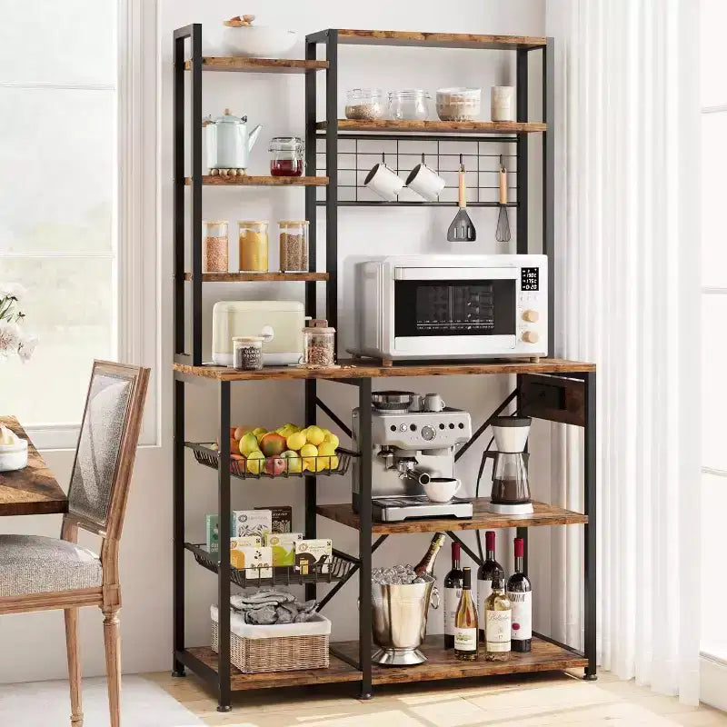 Étagère de Boulanger 7 Niveaux avec Prise Électrique Grand Support à Micro-Ondes & Bar à Café 2 Tiroirs en Fil, Crochets, Étagère de Four de Cuisine Autonome Pour Cuisine