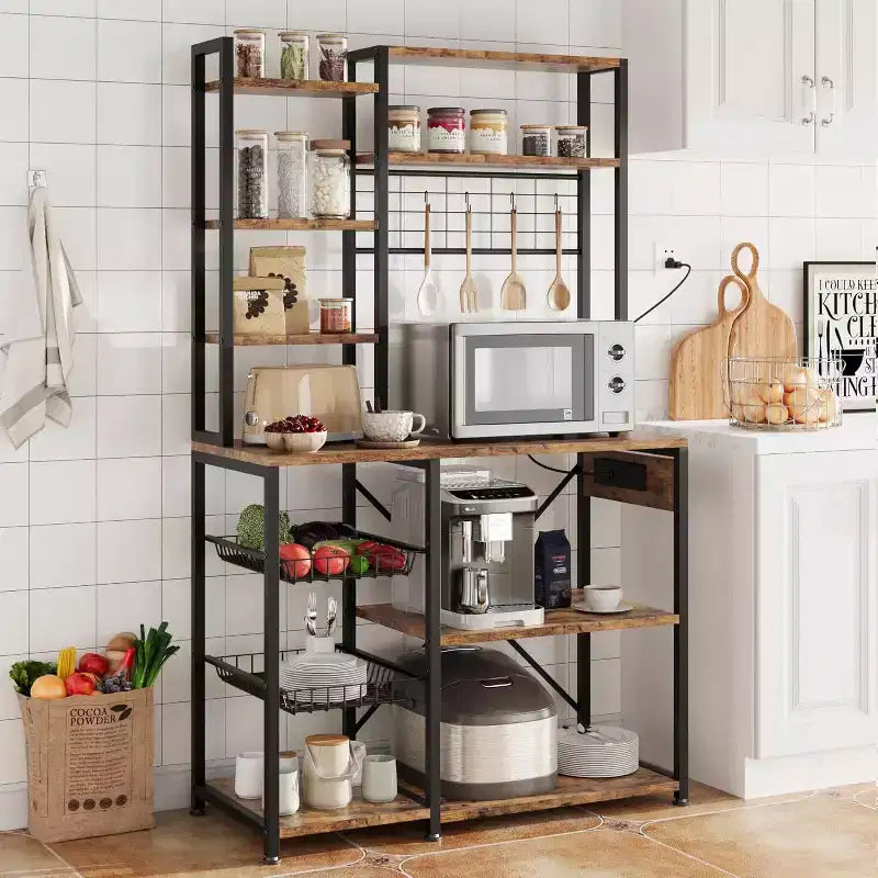 Étagère de Boulanger 7 Niveaux avec Prise Électrique Grand Support à Micro-Ondes & Bar à Café 2 Tiroirs en Fil, Crochets, Étagère de Four de Cuisine Autonome Pour Cuisine