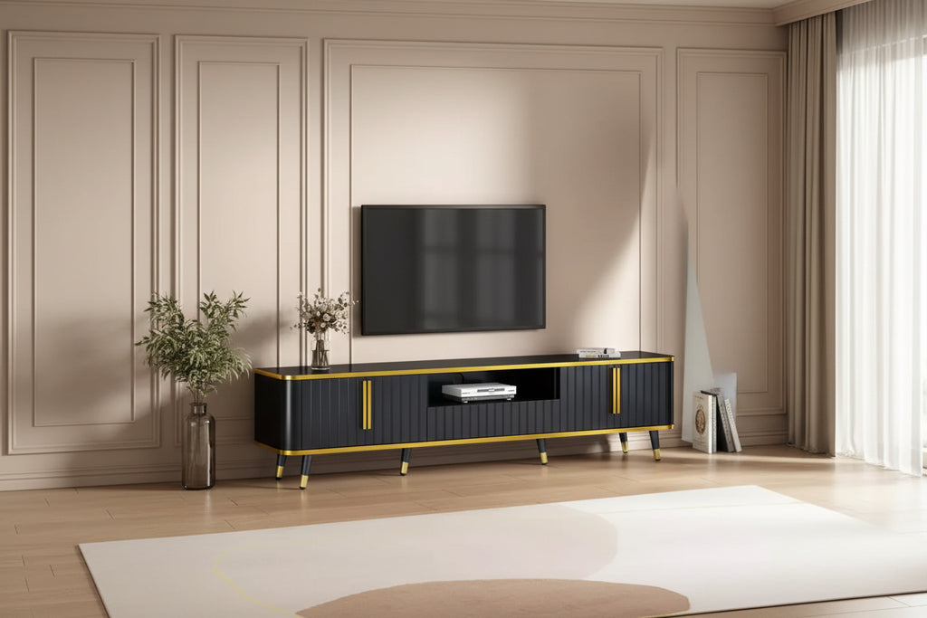 78.8 Minimalism TV Stand with Open Storage Shelf for TVs Up to 85'', Practical Media Console with a Drawer and 2 Cabinets, 4L-ModernLuxe