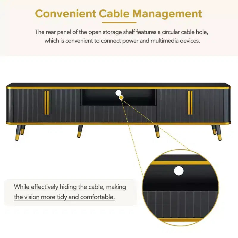 Meuble TV minimaliste de 78,8 po avec étagère de rangement ouverte pour téléviseurs jusqu'à 85 po, console multimédia pratique avec un tiroir et 2 armoires