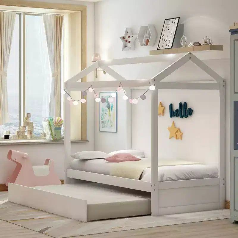 Cadre de lit double en bois avec lit gigogne double, facile à monter, sommier plateforme, support de matelas à lattes